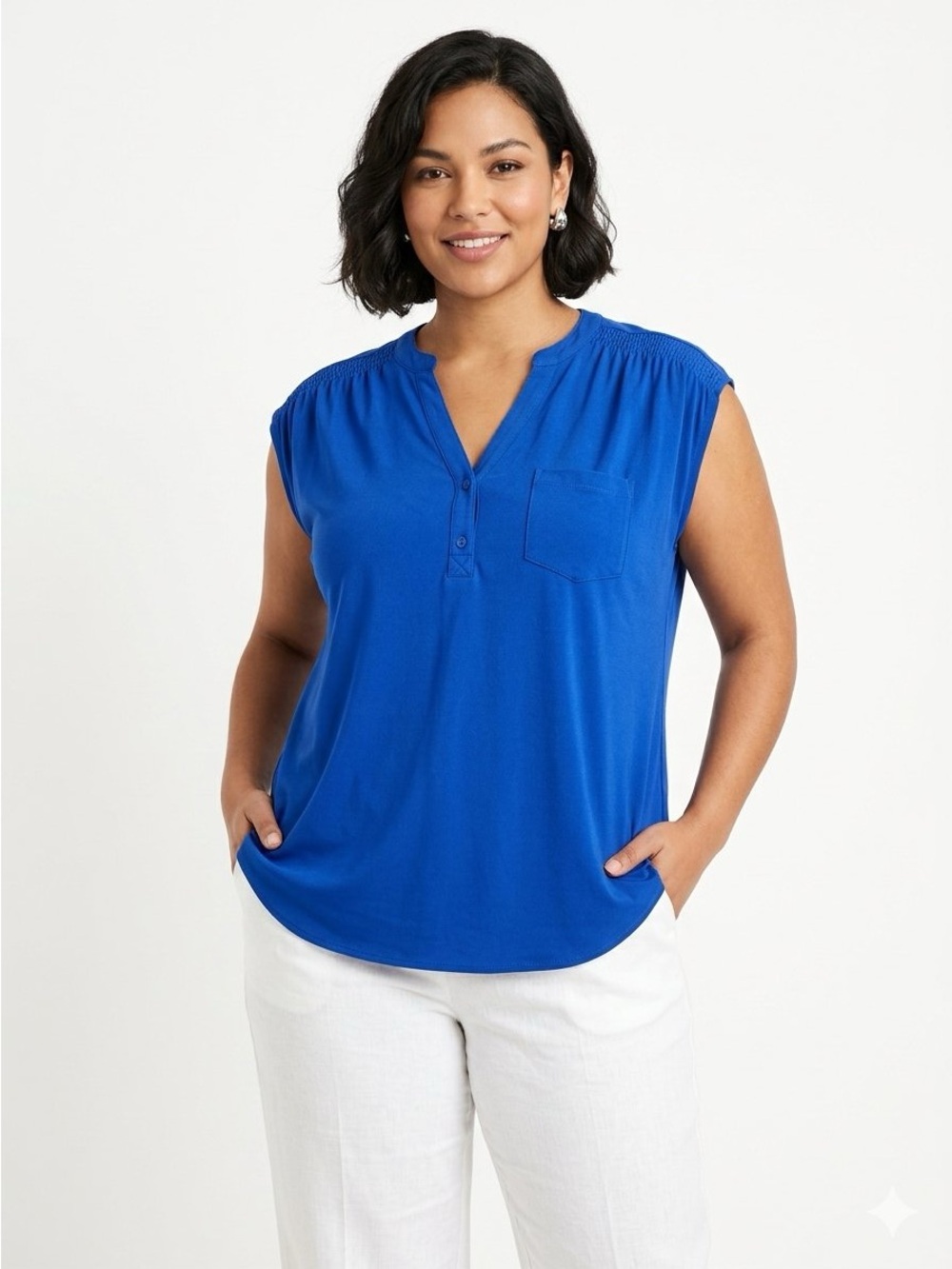 Cable & Gauge Sleeveless Split-Neck Pocket Top in Royal Blue Size L